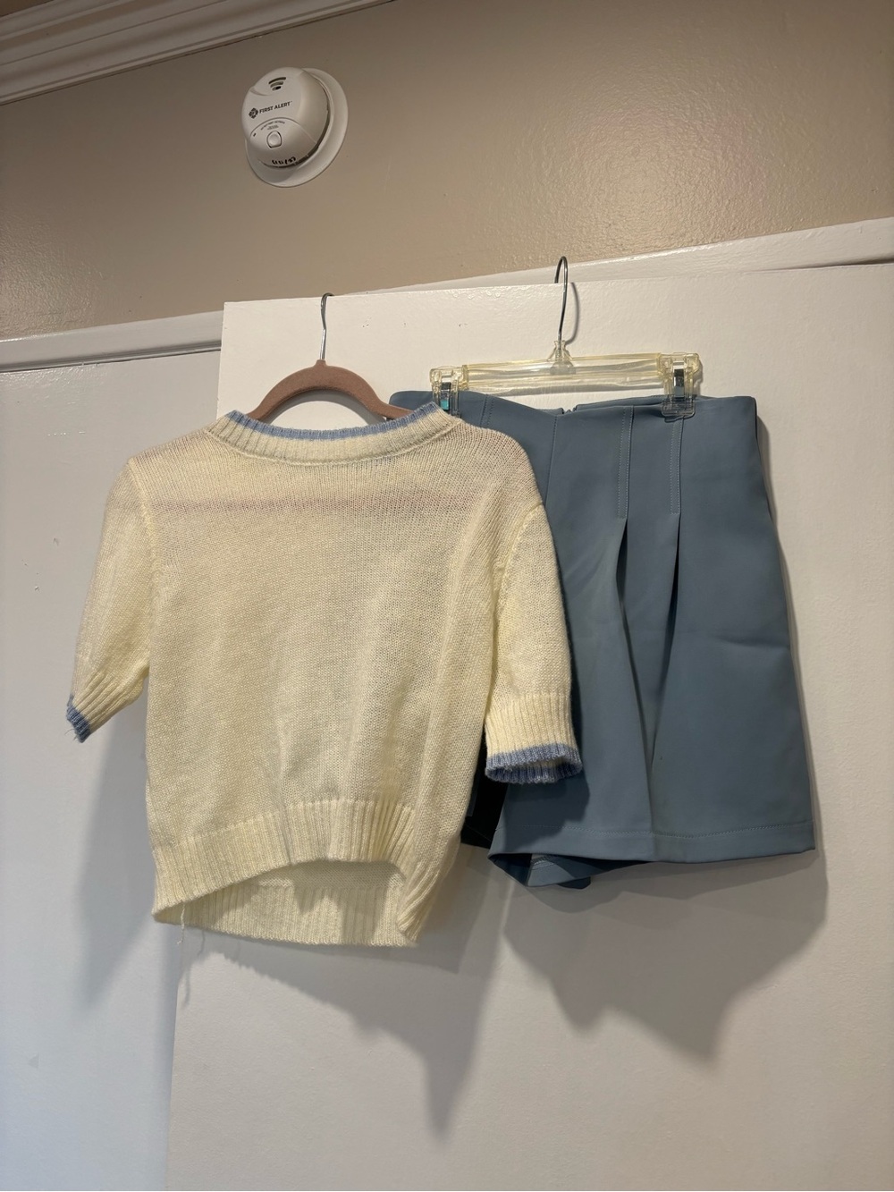 Cream Knit Short Sleeve Sweater with Blue Tailored Shorts - Matching Set